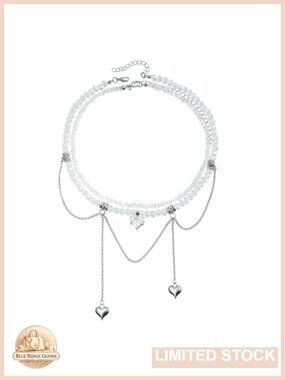 Layered Pearl Choker Necklace Silver-Tone Heart Tassel Women Jewelry